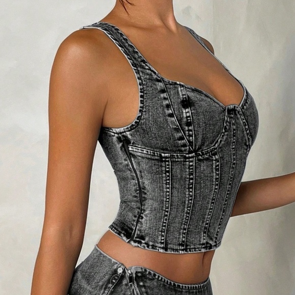Vintage Black Denim zip up Bustier Crop Top - Picture 5 of 5